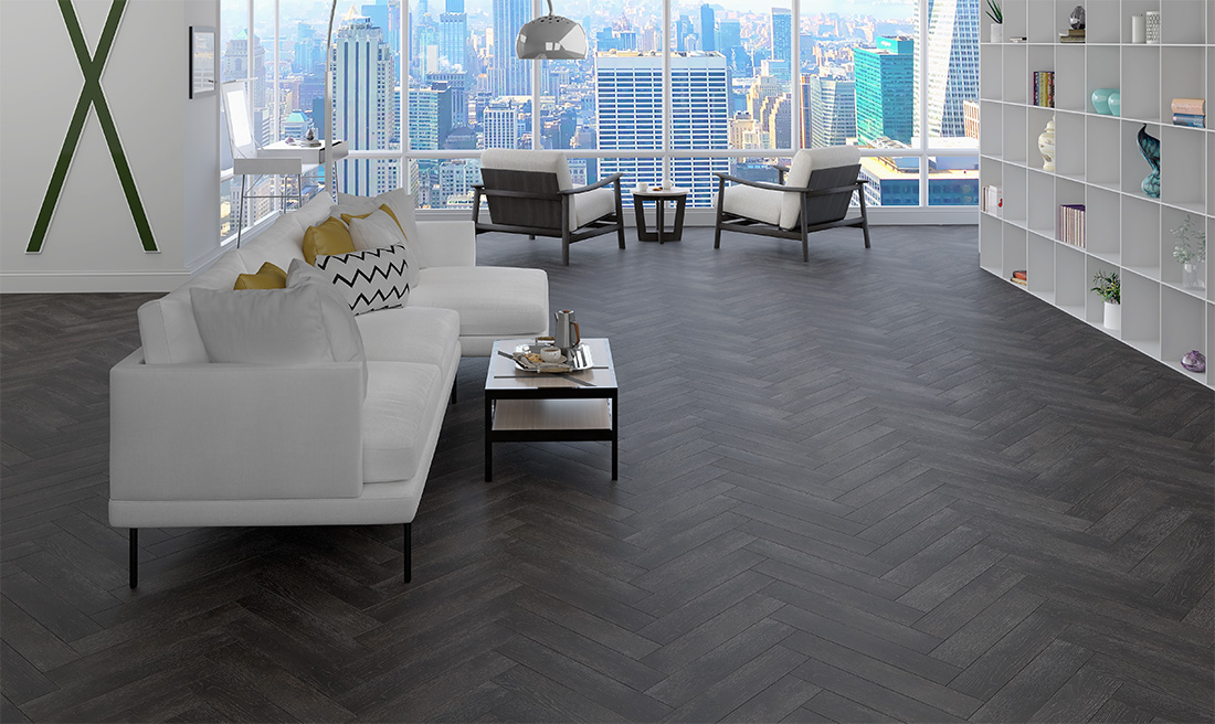 Инженерная доска Gran Parte Дуб Антрацит Antracite 024 натур-классик венгерская елка 550×110×15 фото в интерьере