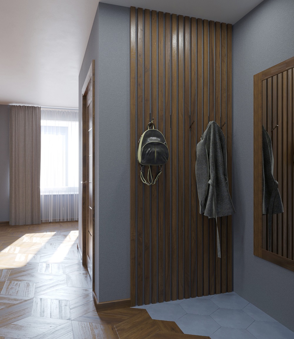 Рейка декоративная Modern Decor орех американский лак 3-х сторонняя 2800×40×40 фото в интерьере