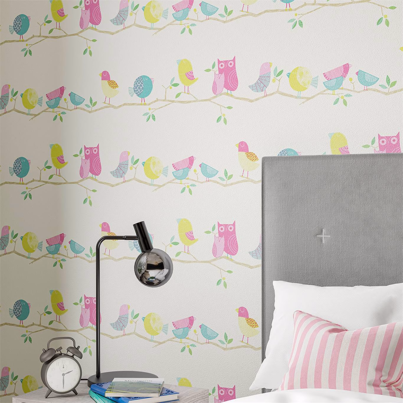 Обои Harlequin Book of Little Treasures What A Hoot Pink Aqua Apple and Natural 112650 фото в интерьере