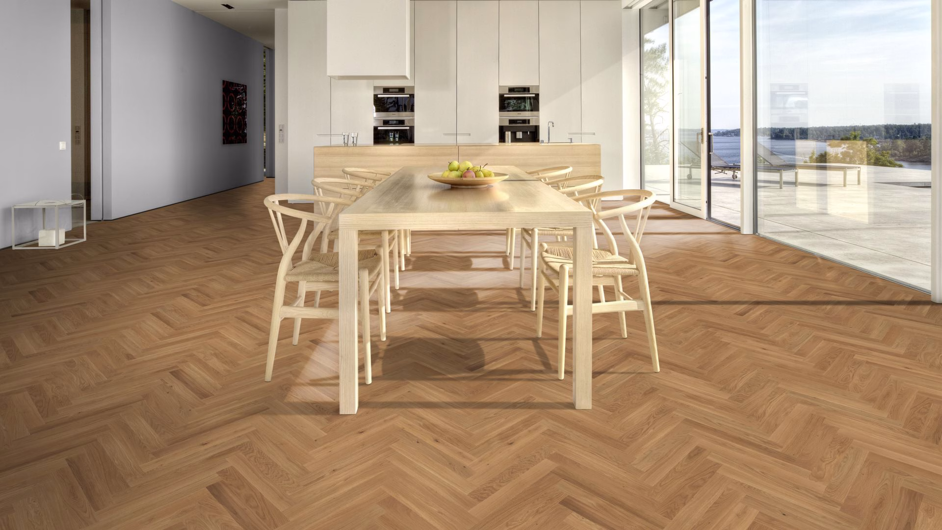 Инженерная доска Kahrs Студио Дуб CD под маслом Oak CD natural oiled HB 111PCDEKF0KH050 Lively венгерская елка 490×70×11 фото в интерьере