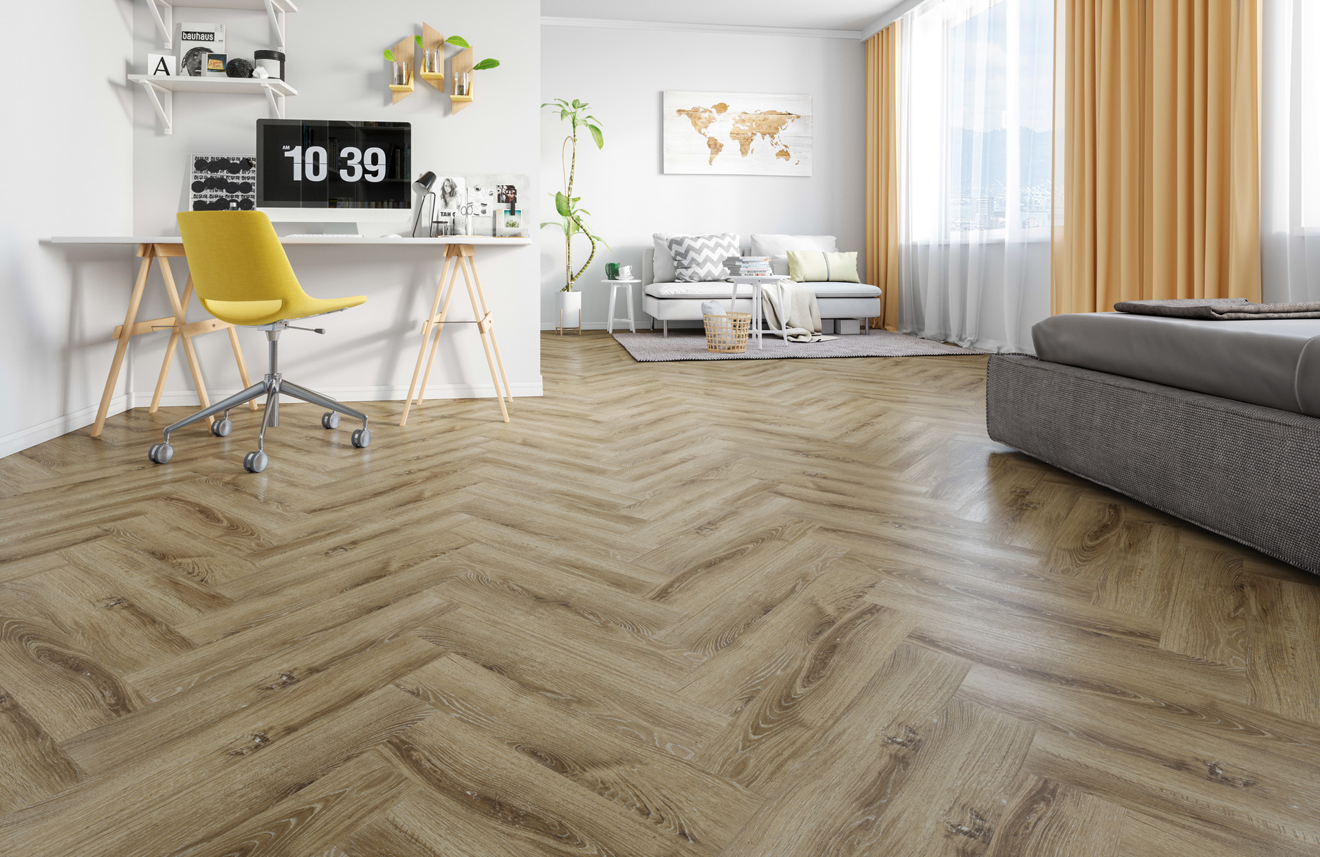 Кварцвиниловый SPC ламинат Fargo Parquet Дуб Коломбо 33-385-7 венгерская елка 615×123×3,5 фото в интерьере