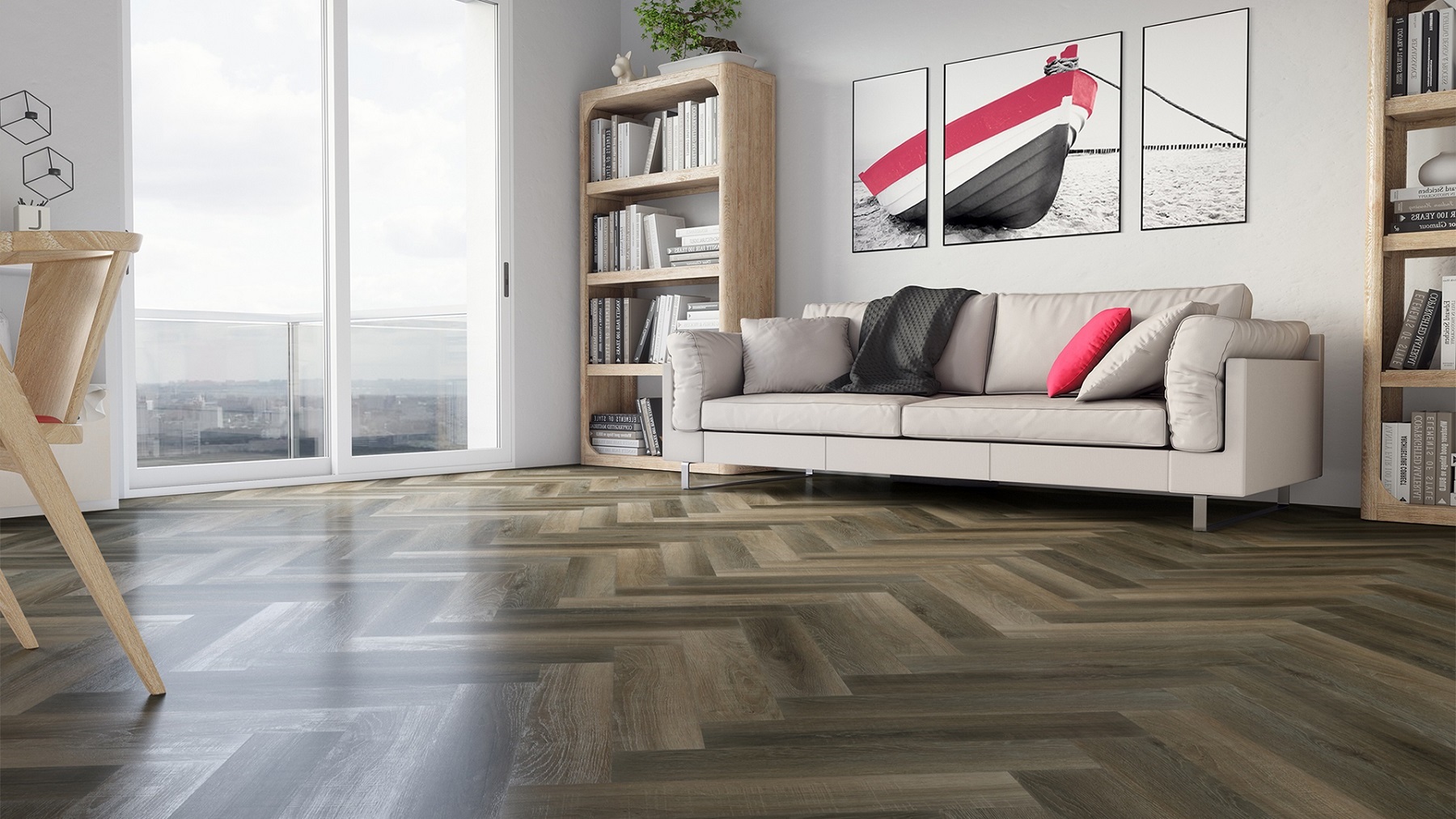 Кварцвиниловый SPC ламинат Fargo Parquet Дуб Кальвадос 33-62W921 венгерская елка 615×123×4 фото в интерьере