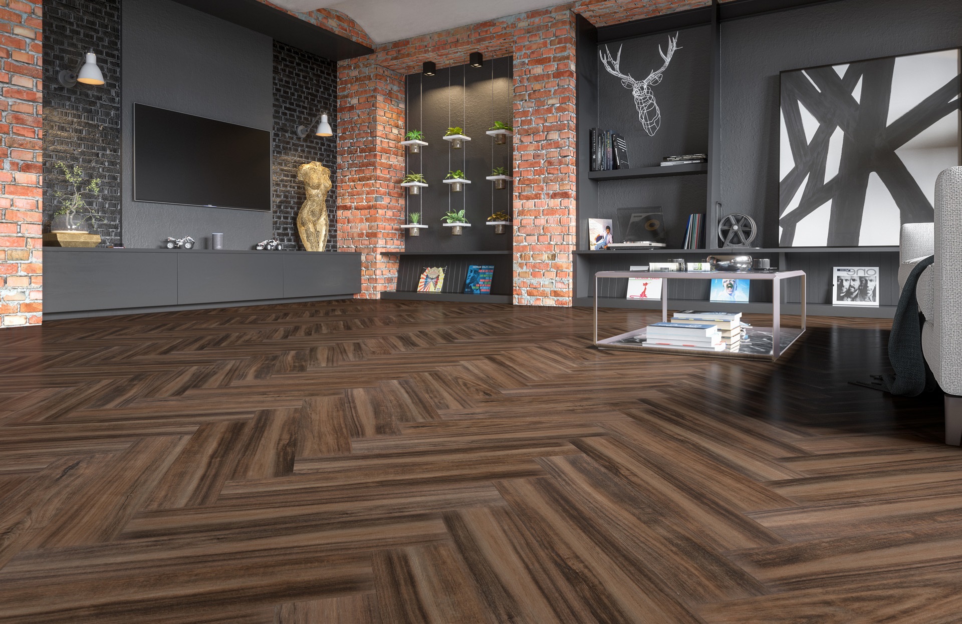 Кварцвиниловый SPC ламинат Fargo Parquet Дуб Сиена 33-64W929 венгерская елка 615×123×4 фото в интерьере