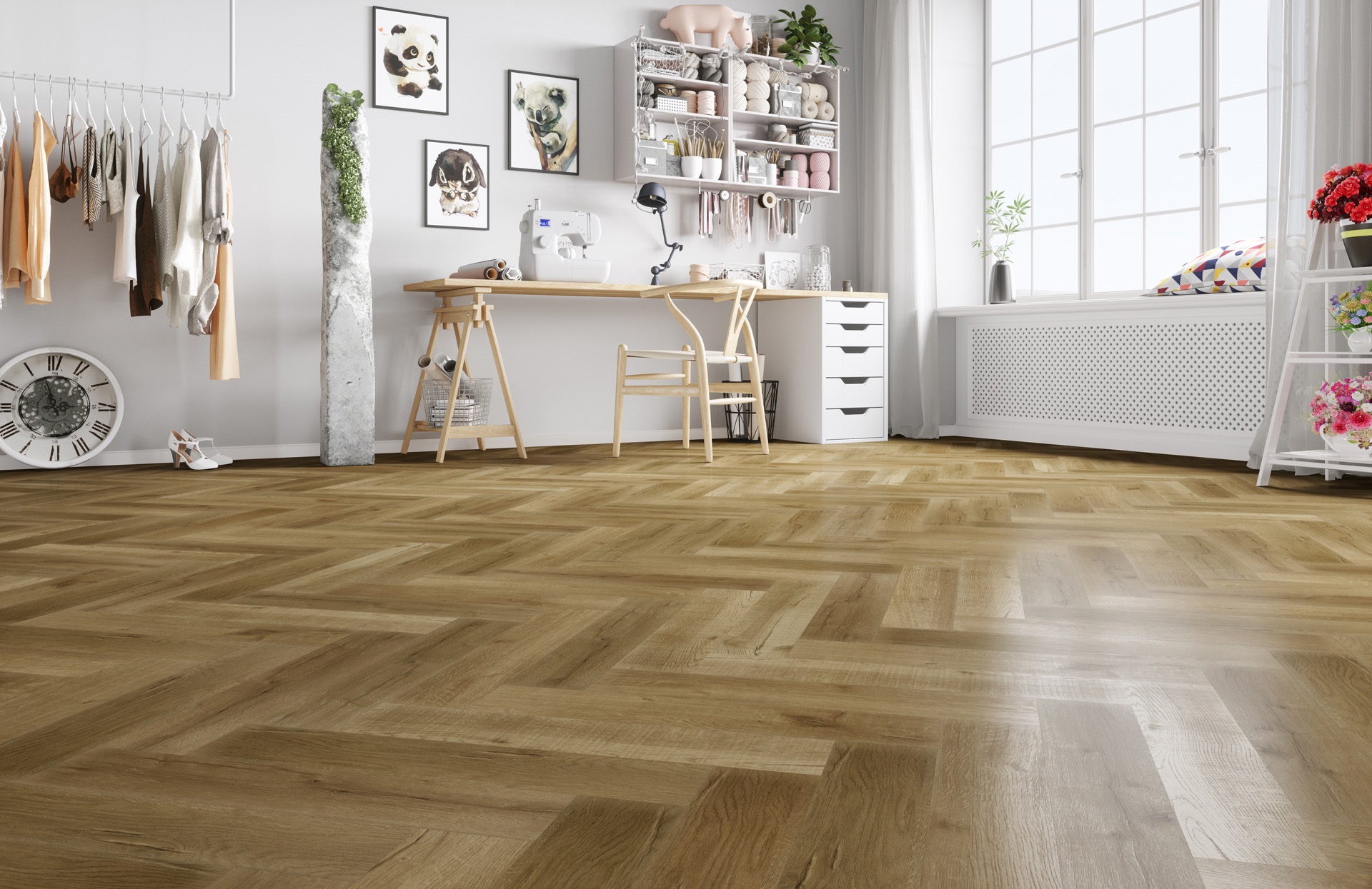 Кварцвиниловый SPC ламинат Fargo Parquet Дуб Робуста 33-81996-9 венгерская елка 615×123×4 фото в интерьере