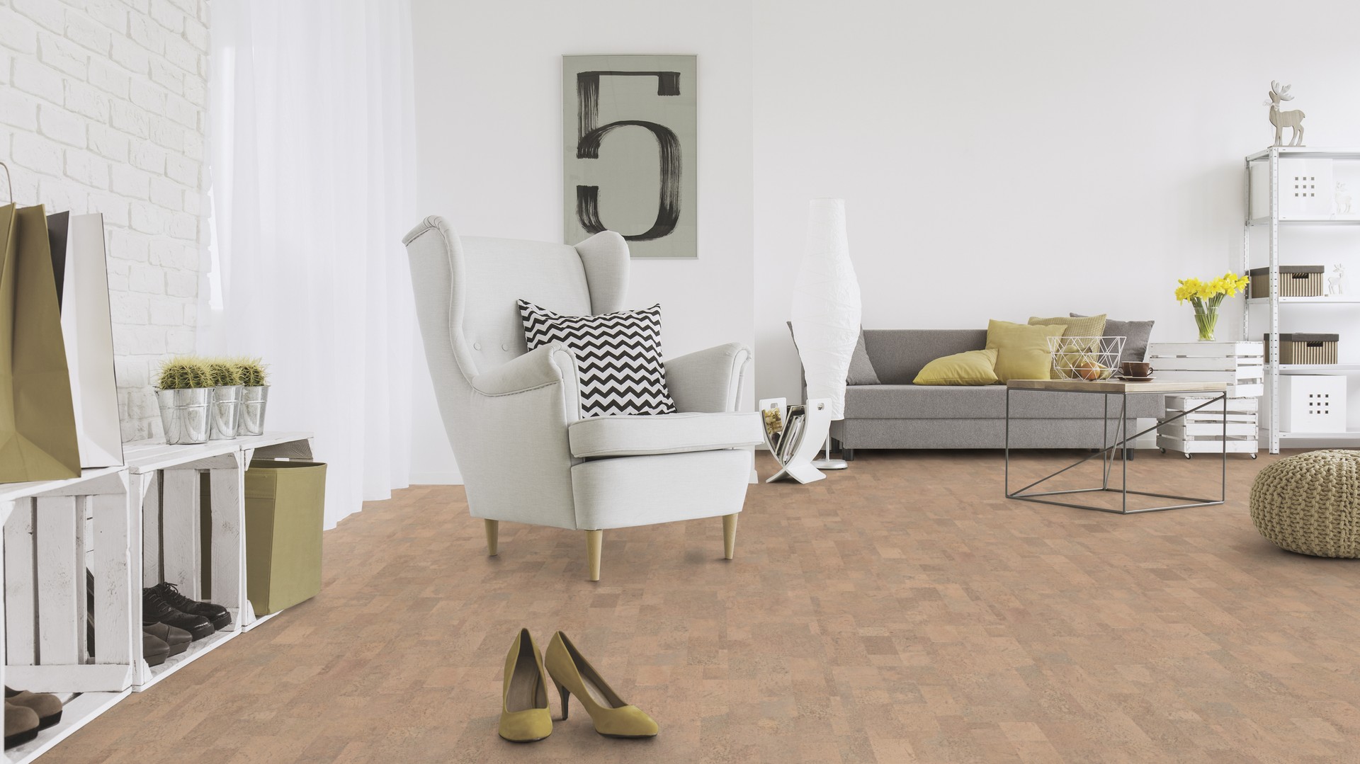 Пробковый пол клеевой Wicanders Cork Pure Identity Champagne AJ2O002 600×300×6 фото в интерьере