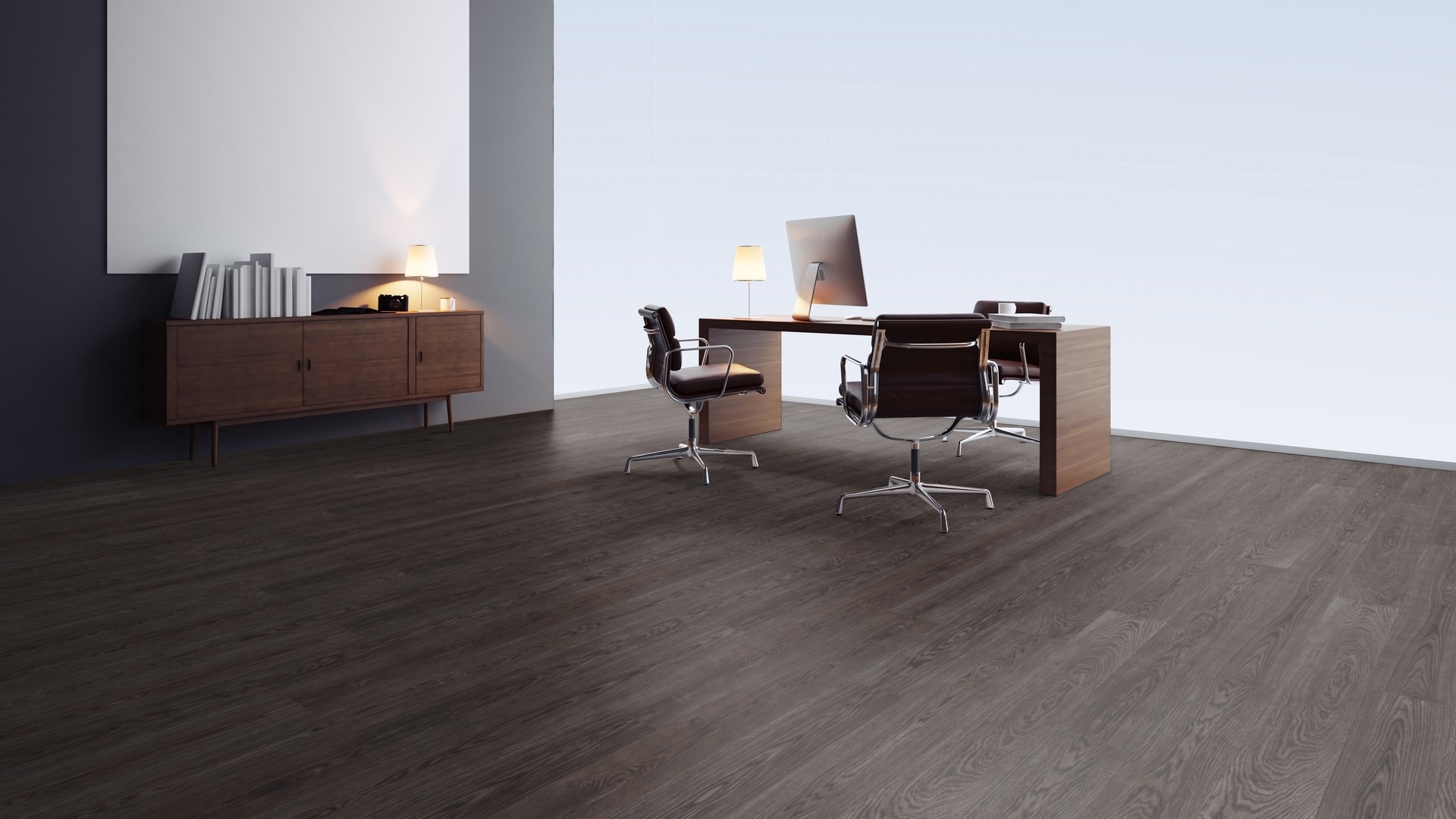 Пробковый пол замковый Wicanders Wood Essence Coal Oak D8F2001 1830×185×11,5 фото в интерьере