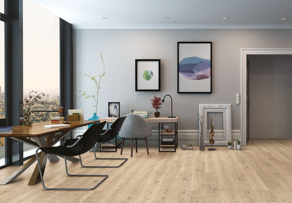 Пробковый пол замковый Wicanders Wood Essence Washed Highland Oak D8G3001 1830×185×11,5 фото в интерьере