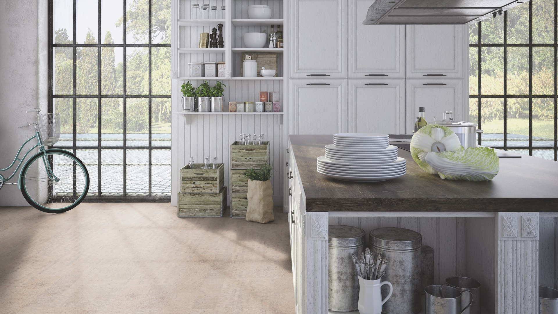 Пробковый пол клеевой Wicanders Cork Pure Fashionable Antique White AJ8K001 600×300×4 фото в интерьере