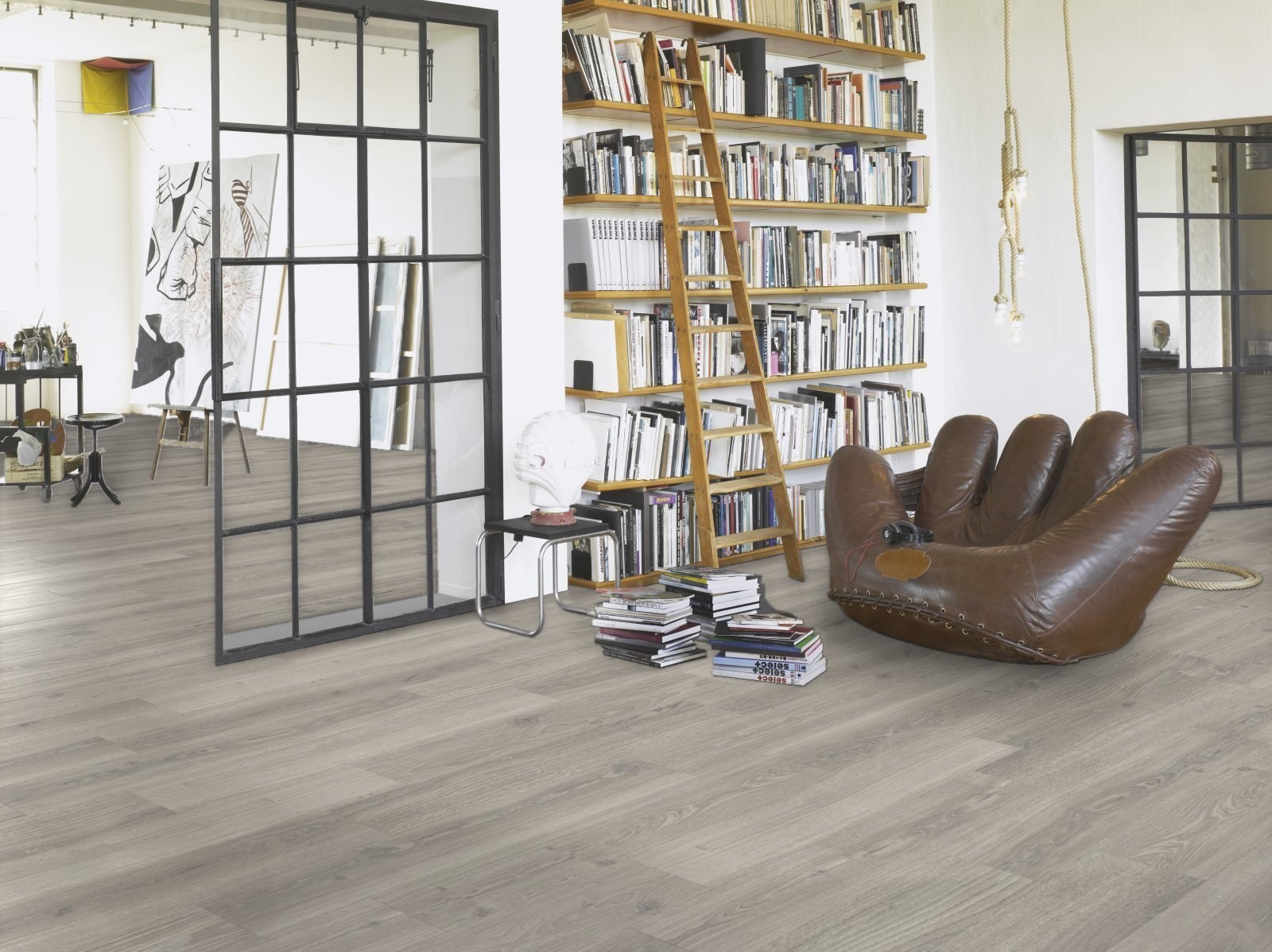 Ламинат Parador Hydron 600 Дуб Студийный светло-серый 1744814 1285×243×9 фото в интерьере