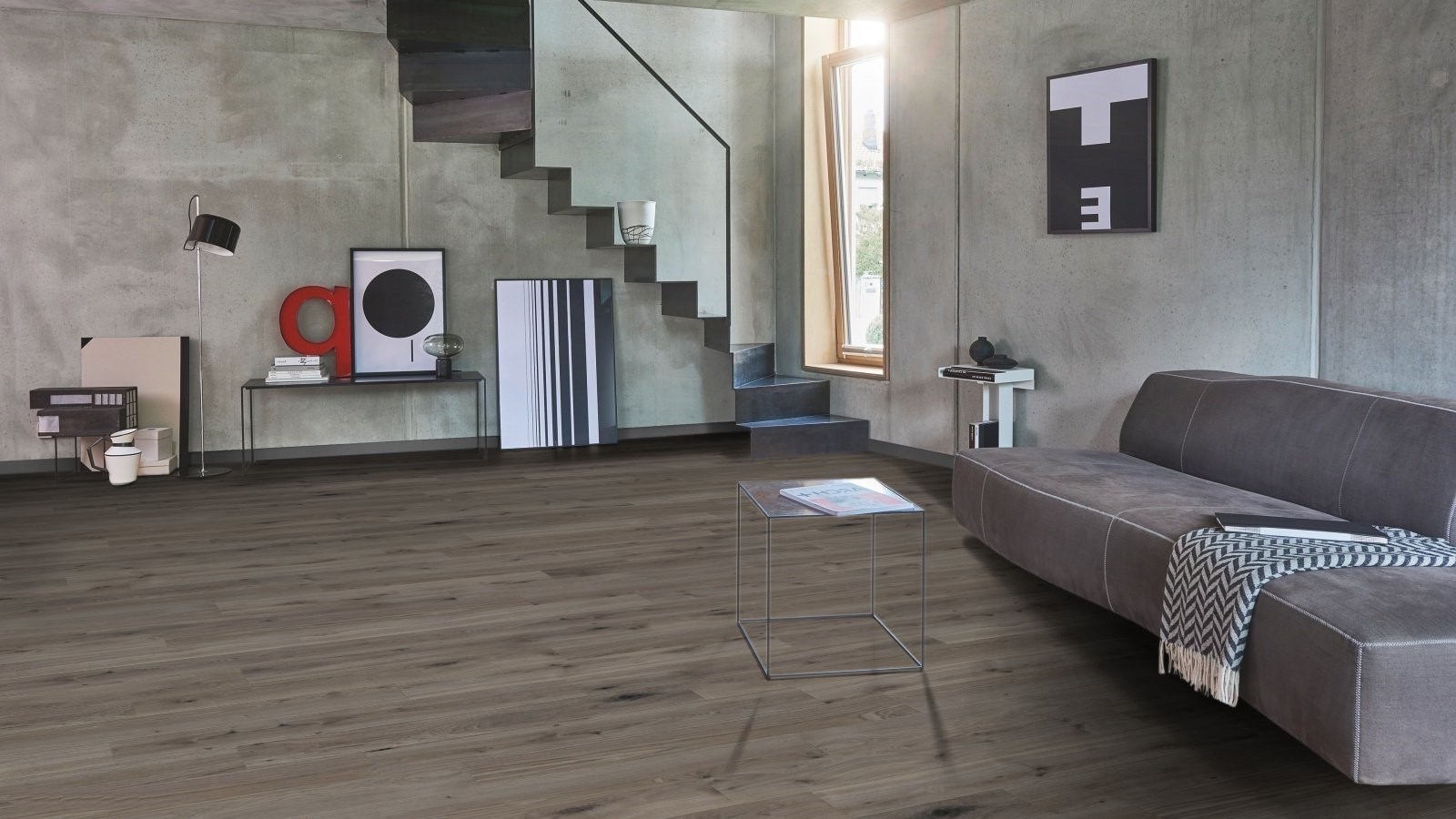 Ламинат Parador Basic 400 Дуб базальтовый серый 1744347 1285×194×8 фото в интерьере