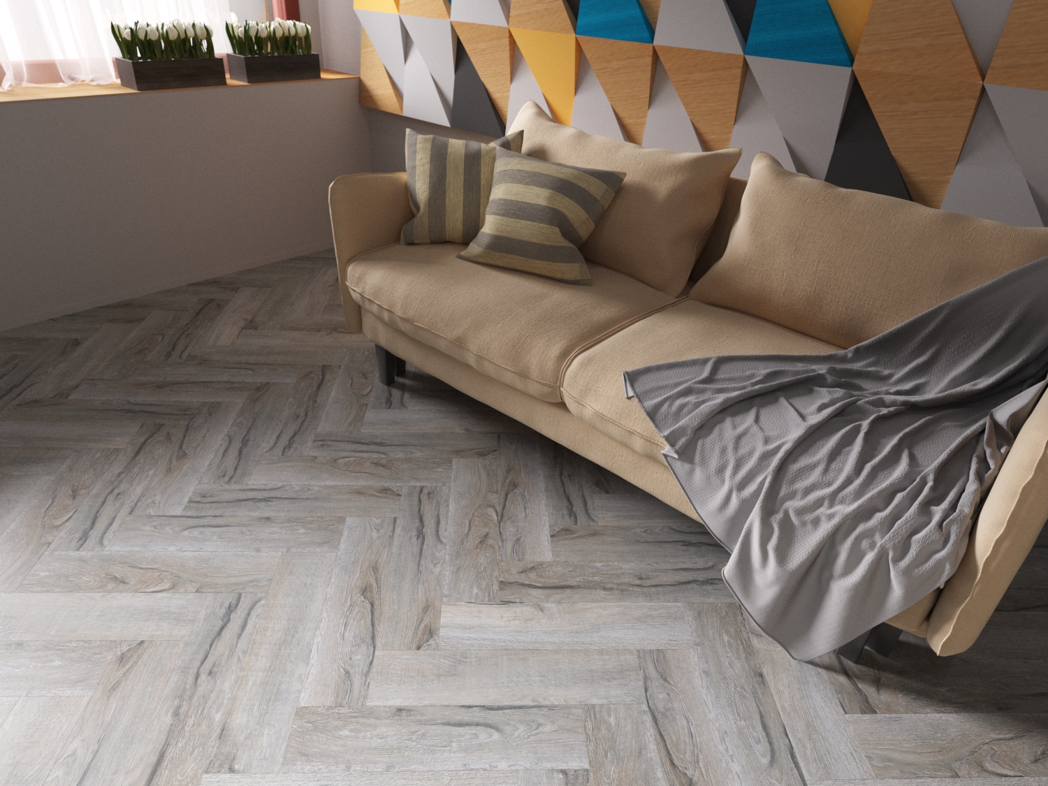 Кварцвиниловая плитка FineFloor клеевая Craft Short Plank Дуб Корфу FF-070 венгерская елка 632×158×2,5 фото в интерьере