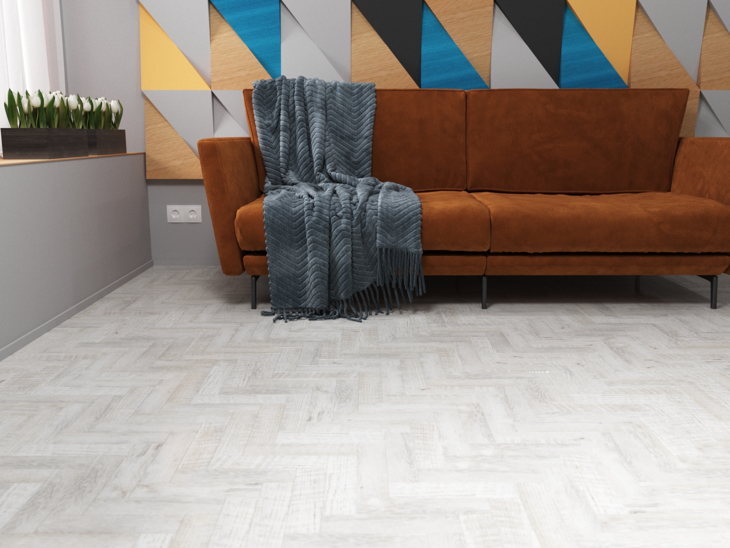 Кварцвиниловая плитка FineFloor клеевая Craft Short Plank Дуб Анхель FF-082 венгерская елка 632×158×2,5 фото в интерьере