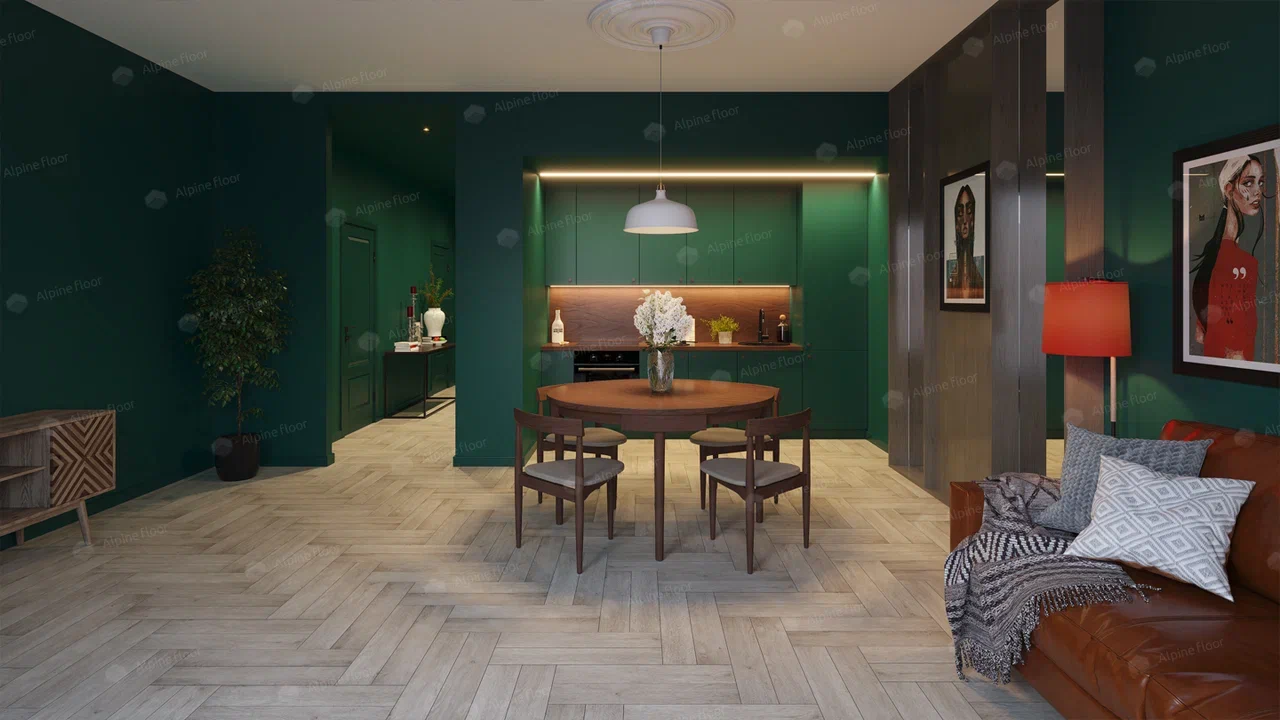 Кварцвиниловый SPC ламинат Alpine Floor Expressive Parquet Сумерки ECO 10-1 венгерская елка 610×122×6 фото в интерьере Кварцвиниловый SPC ламинат Alpine Floor Expressive Parquet Сумерки ECO 10-1 венгерская елка 610×122×6 фото в интерьере