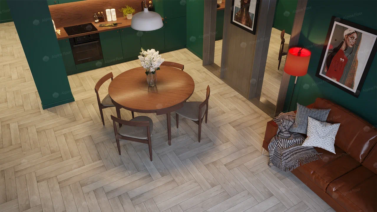 Кварцвиниловый SPC ламинат Alpine Floor Expressive Parquet Сумерки ECO 10-1 венгерская елка 610×122×6 фото в интерьере