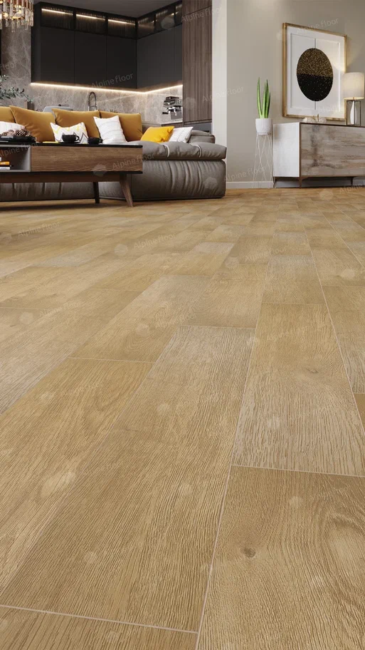 Кварцвиниловый SPC ламинат Alpine Floor Expressive Parquet Песчаная Буря ECO 10-4 венгерская елка 610×122×6 фото в интерьере