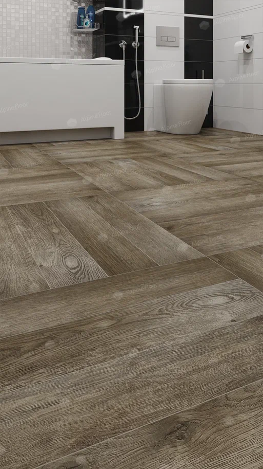 Кварцвиниловый SPC ламинат Alpine Floor Expressive Parquet Американское Ранчо ECO 10-6 венгерская елка 610×122×6 фото в интерьере