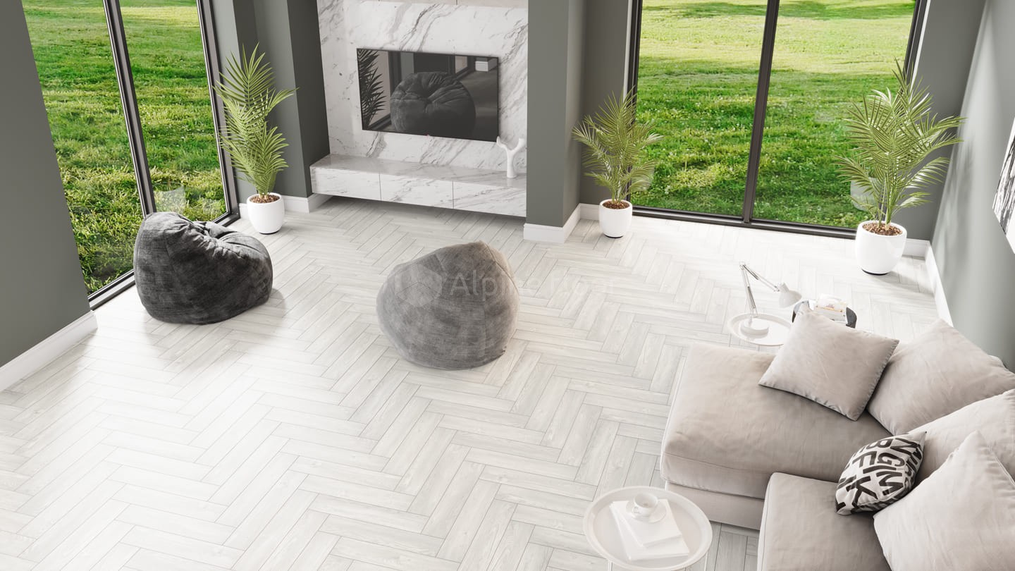 Кварцвиниловый SPC ламинат Alpine Floor Parquet Light Дуб Арктик ECO 13-4 венгерская елка 600×125×4 фото в интерьере