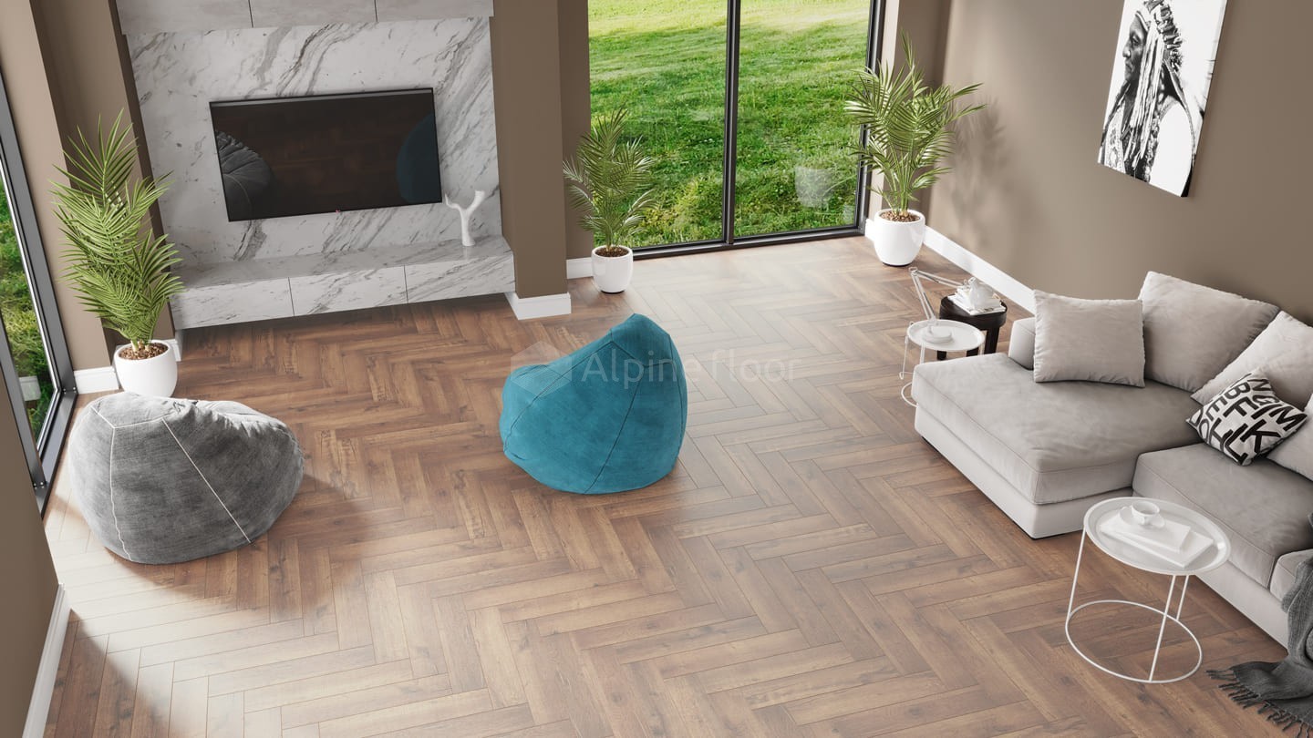 Кварцвиниловый SPC ламинат Alpine Floor Parquet Light Дуб Royal ECO 13-2 венгерская елка 600×125×4 фото в интерьере