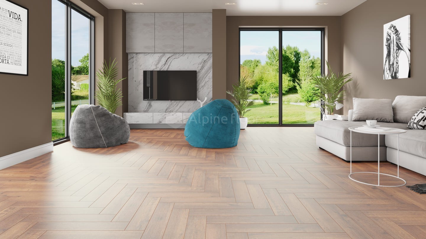 Кварцвиниловый SPC ламинат Alpine Floor Parquet Light Дуб Royal ECO 13-2 венгерская елка 600×125×4 фото в интерьере