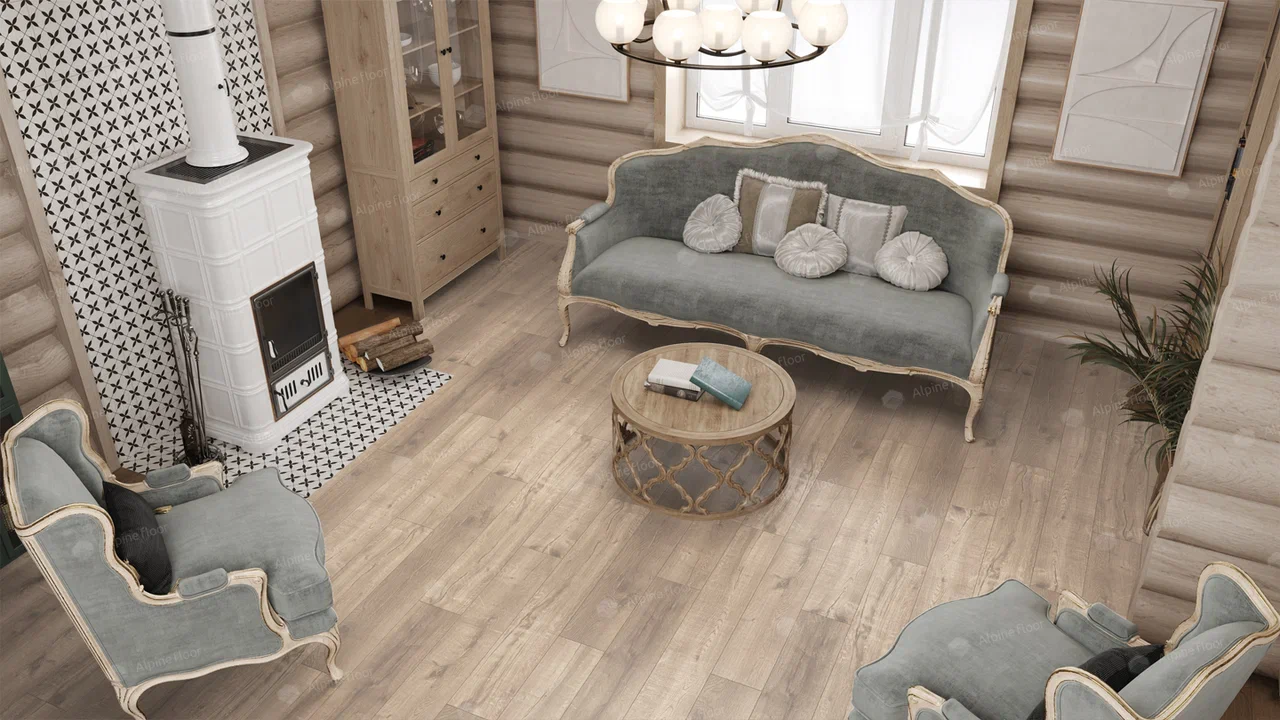 Кварцвиниловый SPC ламинат Alpine Floor Real Wood Дуб Натуральный ECO 2-5 1220×183×6 фото в интерьере