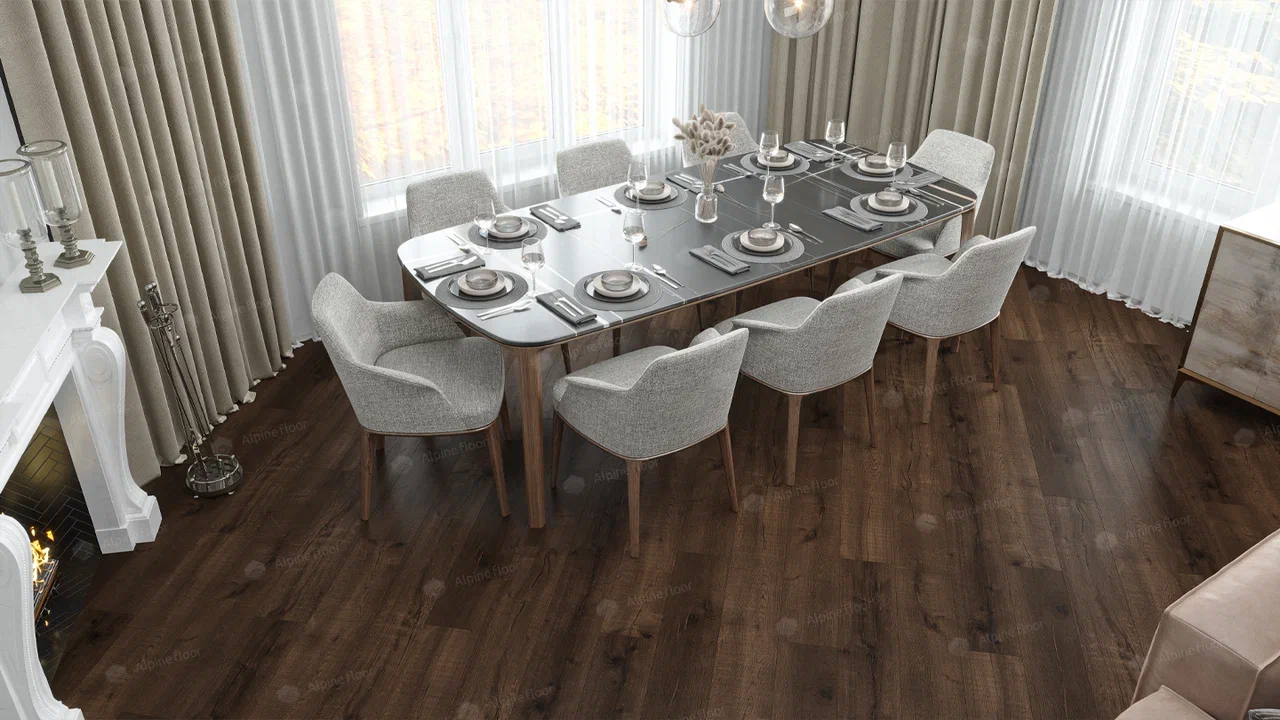 Кварцвиниловый SPC ламинат Alpine Floor Real Wood Дуб Мокка ECO 2-2 1220×183×6 фото в интерьере