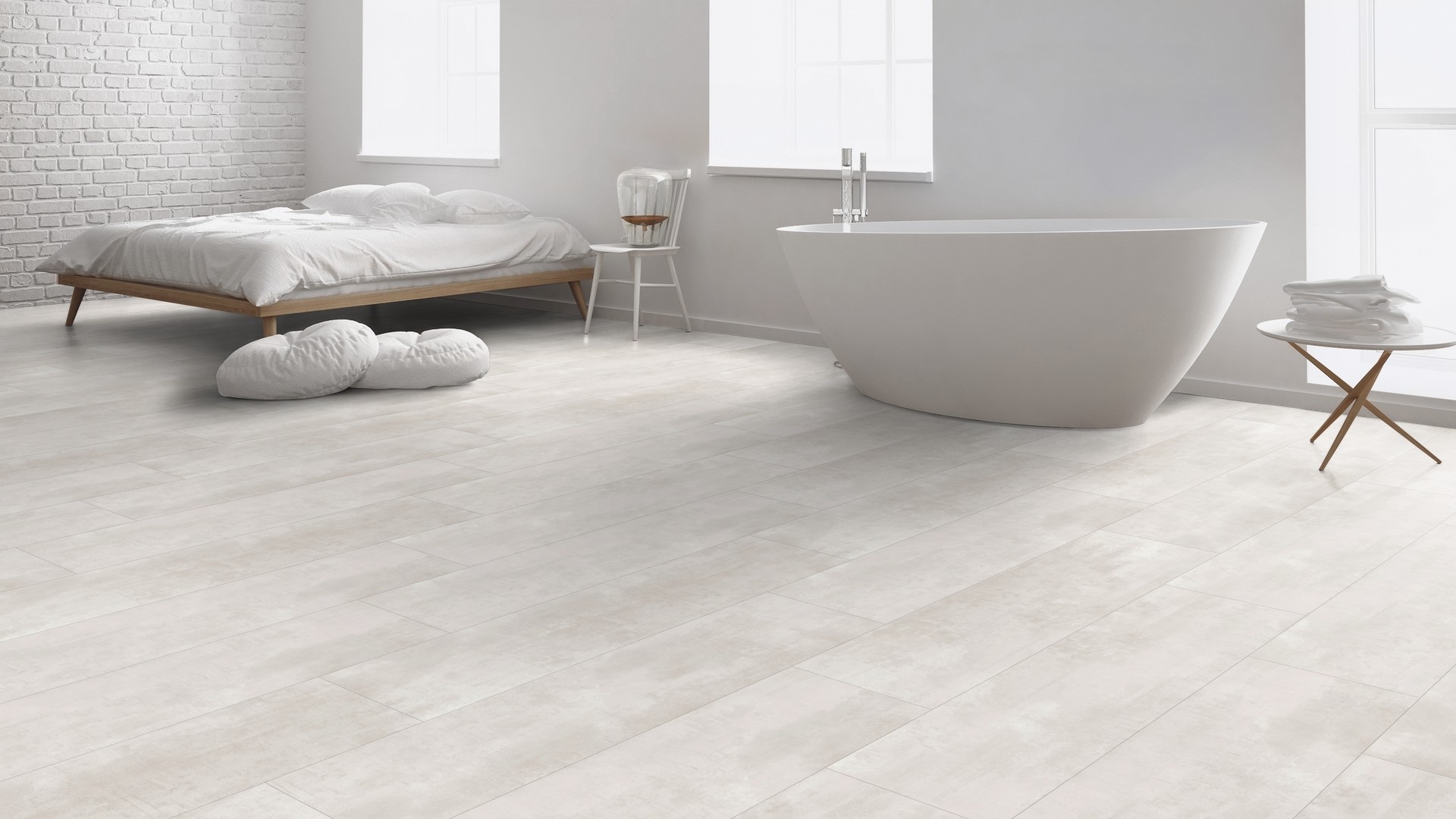 Ламинат Kaindl Aqua Pro Select Natural Touch 8.0 Плитка Бетон Opalgrey 44374 ST 1290×329×8 фото в интерьере