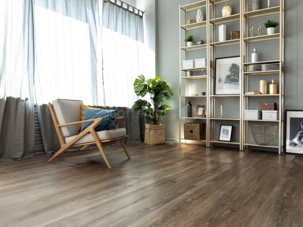 Кварцвиниловый SPC ламинат Alpine Floor Sequoia Темная ECO 6-12 1220×183×4 фото в интерьере