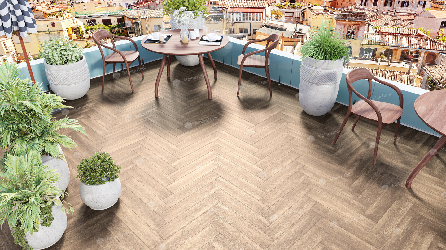 Кварцвиниловый SPC ламинат Alpine Floor Parquet Light Дуб Макадамия ECO 13-10 венгерская елка 600×125×4 фото в интерьере