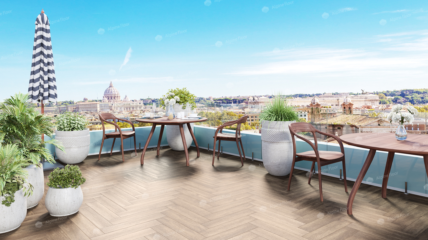 Кварцвиниловый SPC ламинат Alpine Floor Parquet Light Дуб Макадамия ECO 13-10 венгерская елка 600×125×4 фото в интерьере