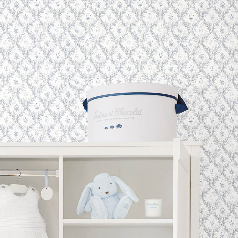 Обои Lutece Tartine et Chocolat Toile de Jouy Bleu 36200201 фото в интерьере