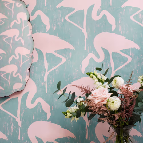 Обои Sanderson One Sixty Flamingos Turquoise Pink 214569