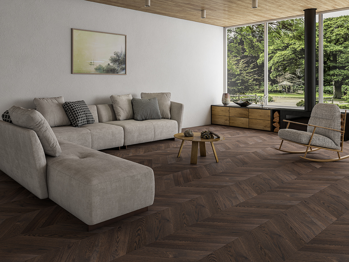 Инженерная доска Gran Parte Дуб Мокачино Mocaccino 020 прайм-селект французская елка 460×110×15 фото в интерьере