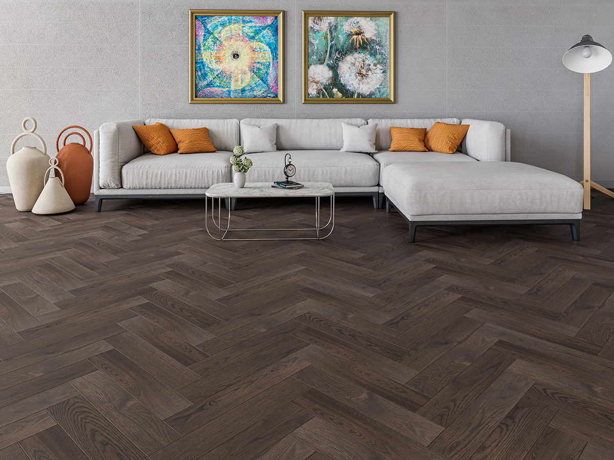 Инженерная доска Gran Parte Дуб Мокачино Mocaccino 020 прайм-селект венгерская елка 550×110×15 фото в интерьере