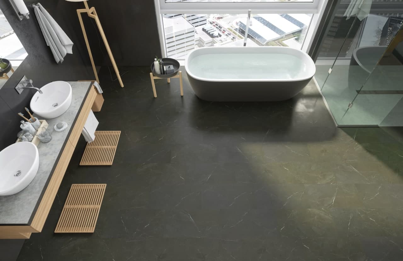 Кварцвиниловый SPC ламинат Fargo Stone Имперадор Дарк 64S451 600×300×4 фото в интерьере