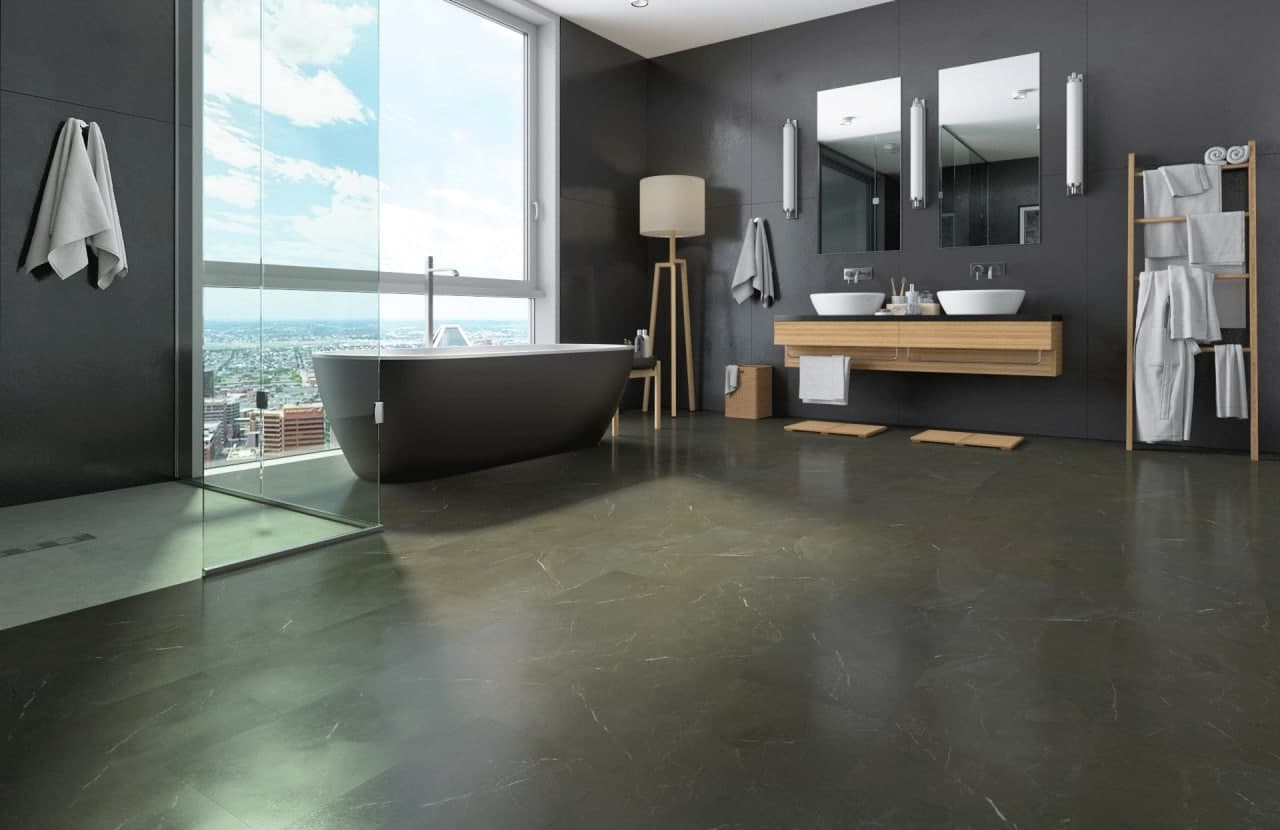 Кварцвиниловый SPC ламинат Fargo Stone Имперадор Дарк 64S451 600×300×4 фото в интерьере