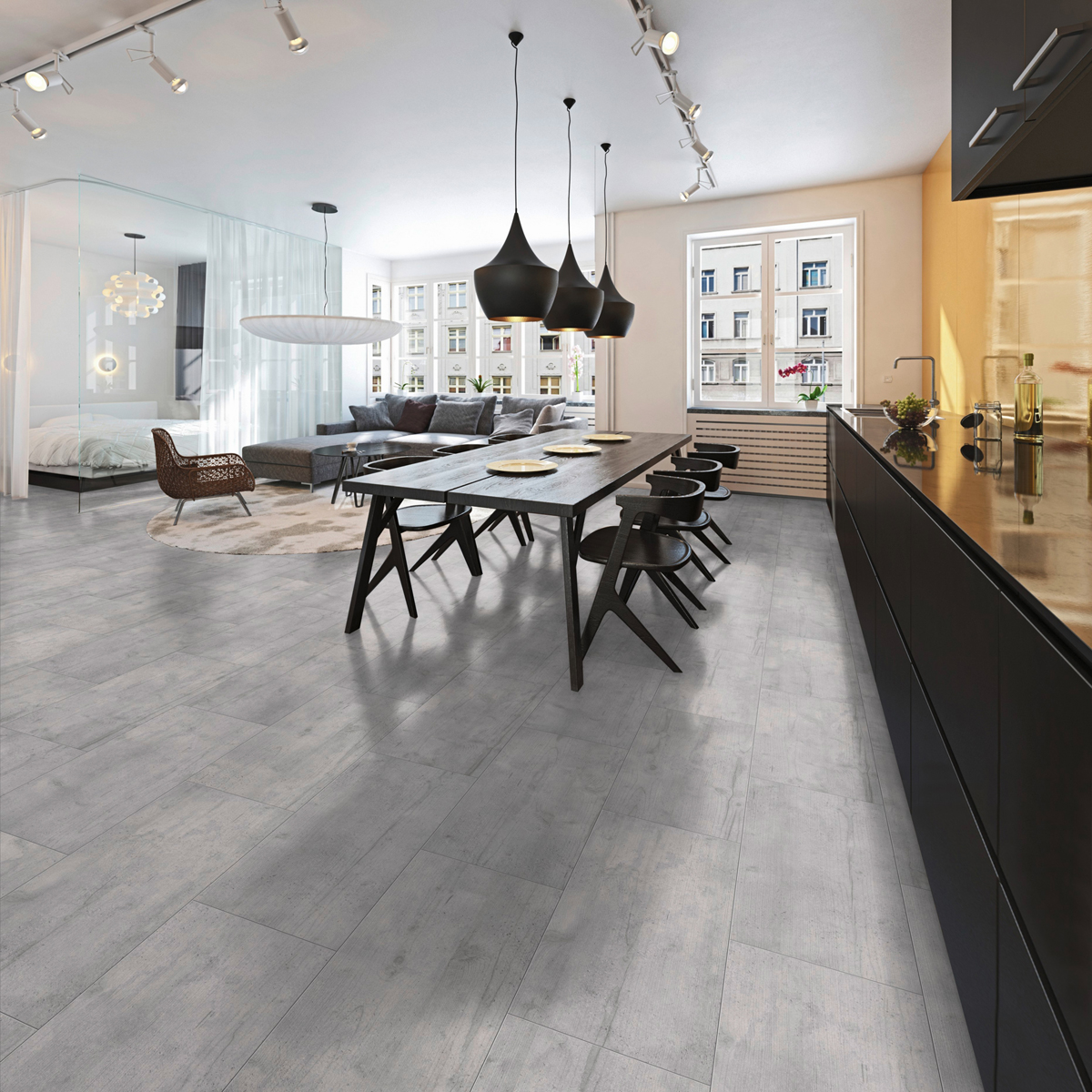 Ламинат Classen Visiogrande WR Sichtbeton 56028 604×280×8 фото в интерьере