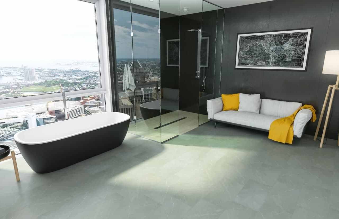 Кварцвиниловый SPC ламинат Fargo Stone Серый Риальто 66S451 600×300×4 фото в интерьере