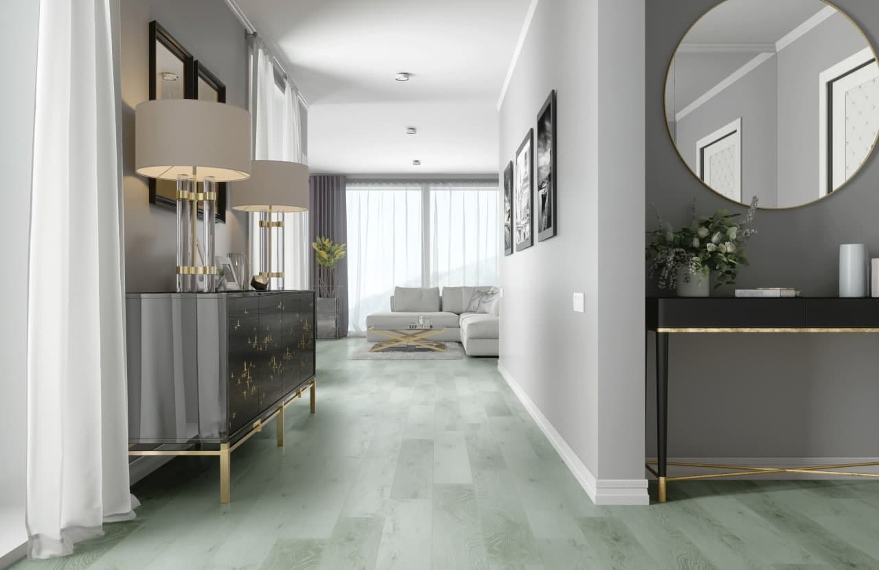 Кварцвиниловый SPC ламинат Fargo Comfort Дуб Берлин 70W935 1220×150×4 фото в интерьере