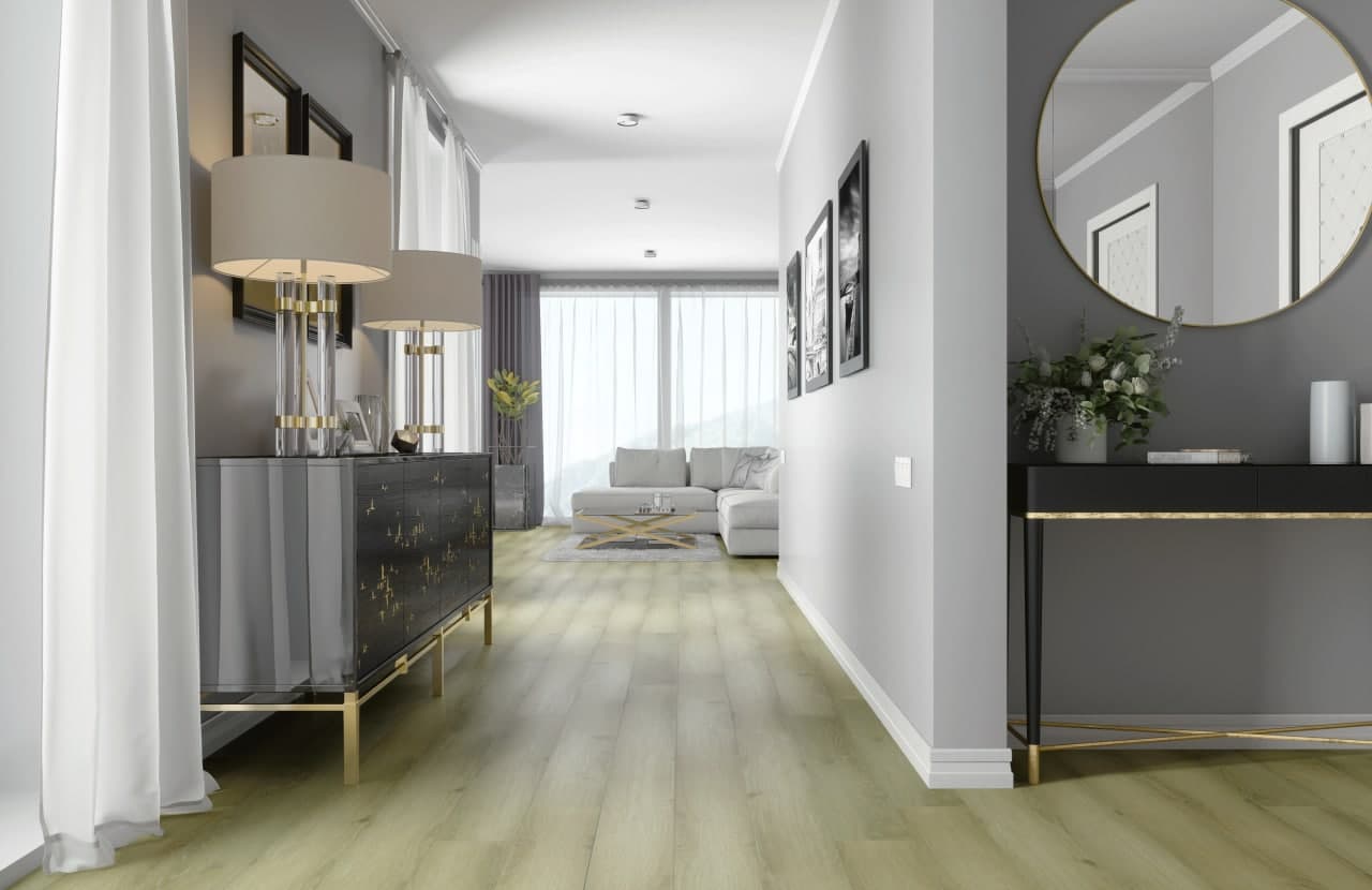 Кварцвиниловый SPC ламинат Fargo Comfort Дуб Шанхай 956-01 1220×150×4 фото в интерьере