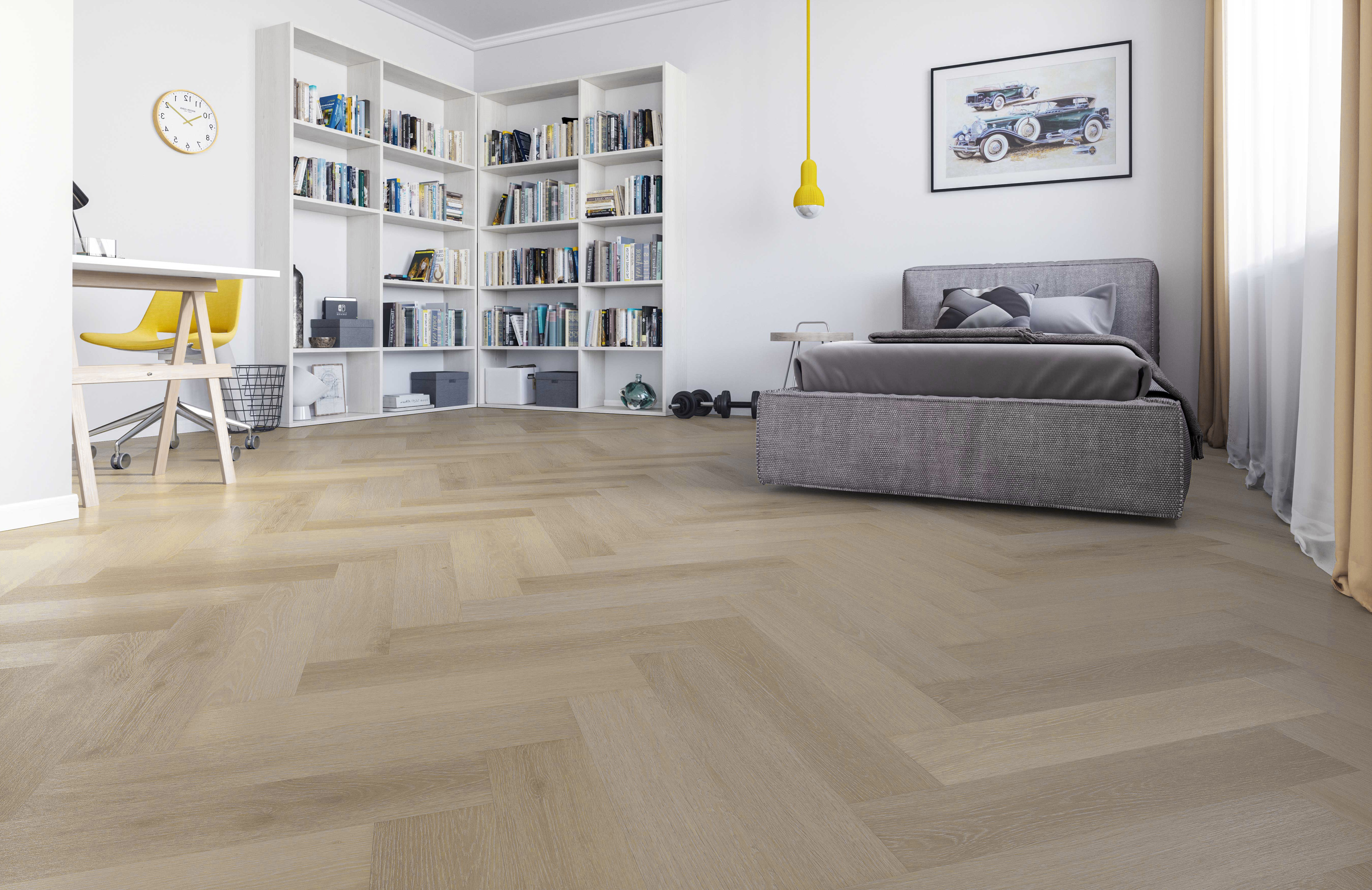 Кварцвиниловый SPC ламинат Fargo Parquet Дуб Спелый Миндаль 33-1166-02 венгерская елка 615×123×3,5 фото в интерьере