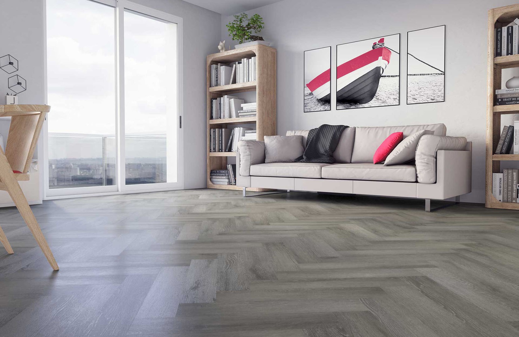 Кварцвиниловый SPC ламинат Fargo Parquet Дуб Вулканический Пляж 33-2074-05 венгерская елка 615×123×4 фото в интерьере