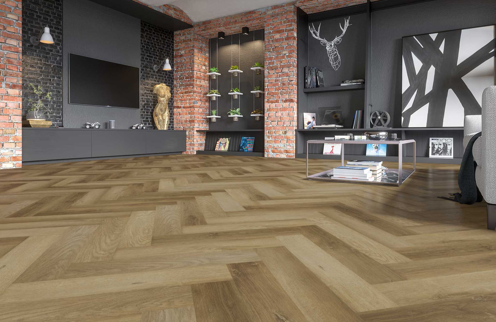 Кварцвиниловый SPC ламинат Fargo Parquet Дуб Афины 33-2187-09 венгерская елка 615×123×4 фото в интерьере