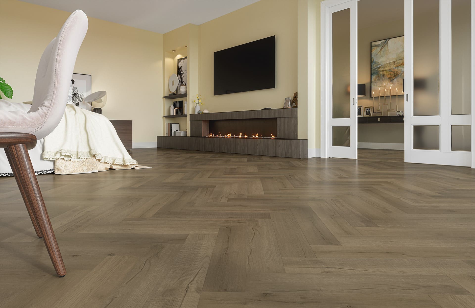 Кварцвиниловый SPC ламинат Fargo Parquet Дуб Марракеш 33-81996-10 венгерская елка 615×123×3,5 фото в интерьере