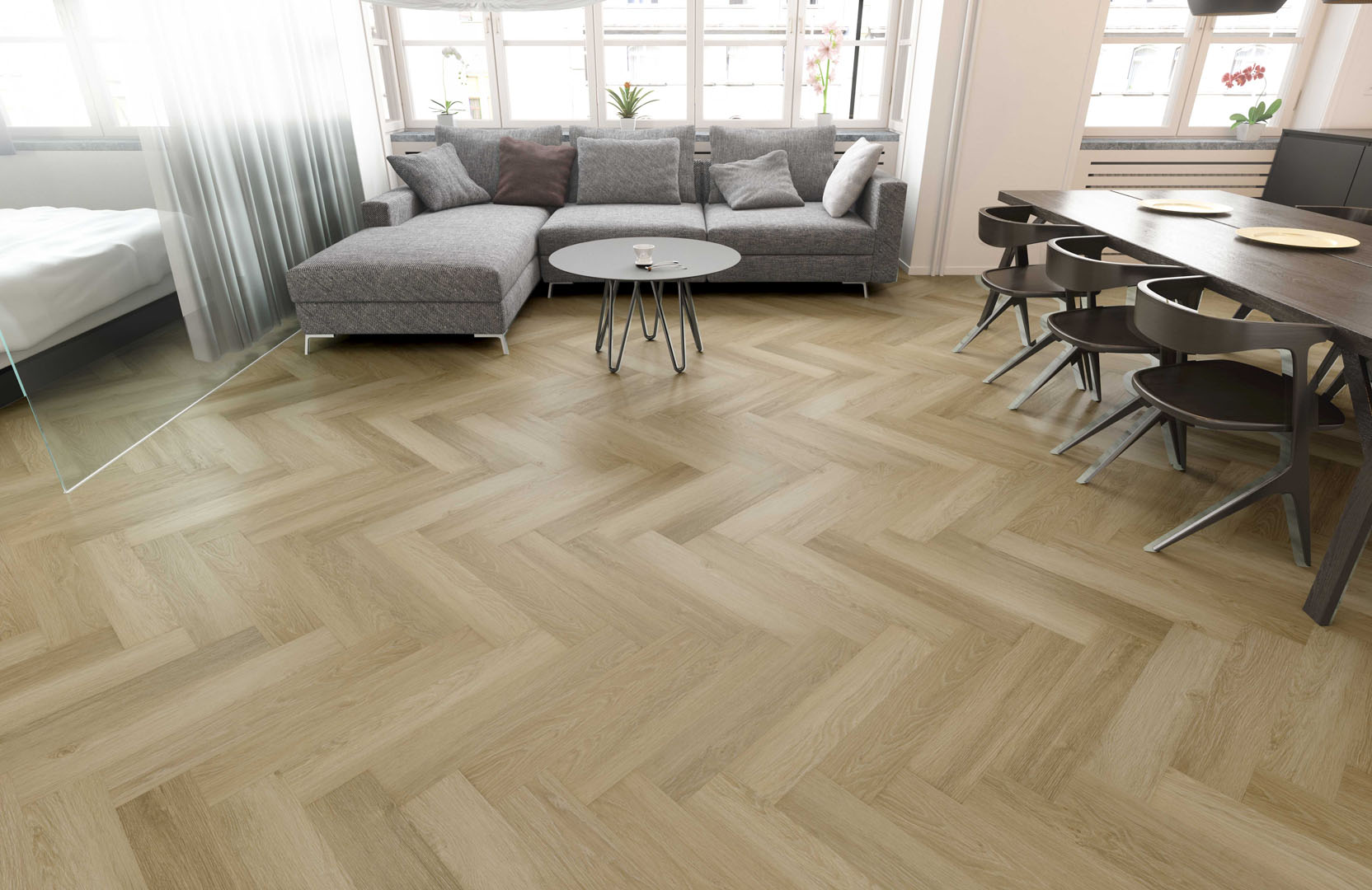 Кварцвиниловый SPC ламинат Fargo Parquet Дуб Норден 33-986-06 венгерская елка 615×123×3,5 фото в интерьере