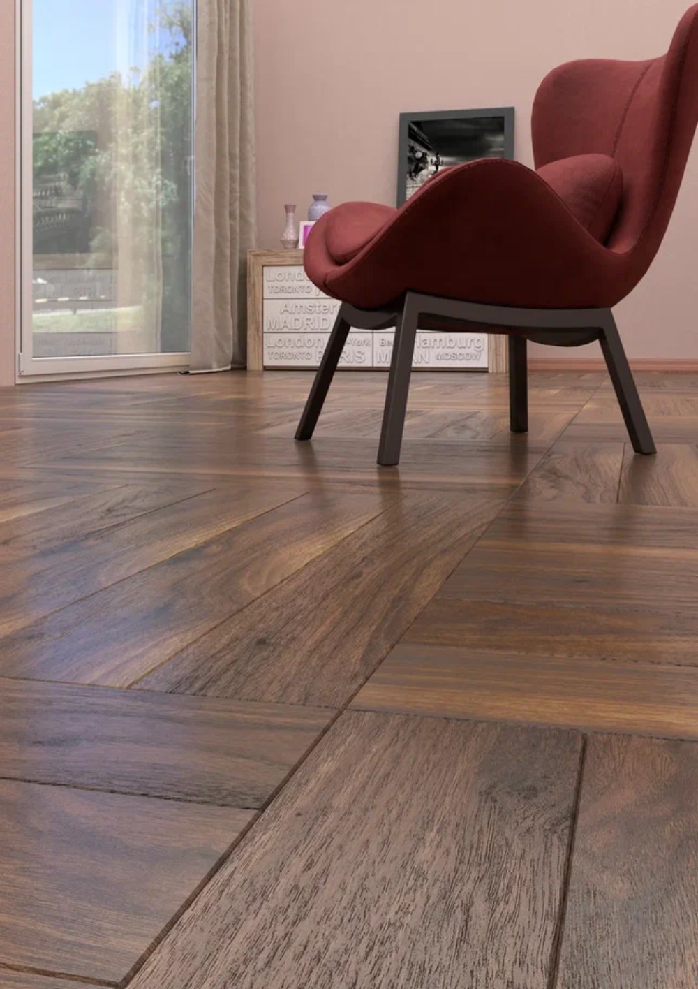 Ламинат CBM Mosaik Орех Трест 302 венгерская елка 600×200×10 фото в интерьере