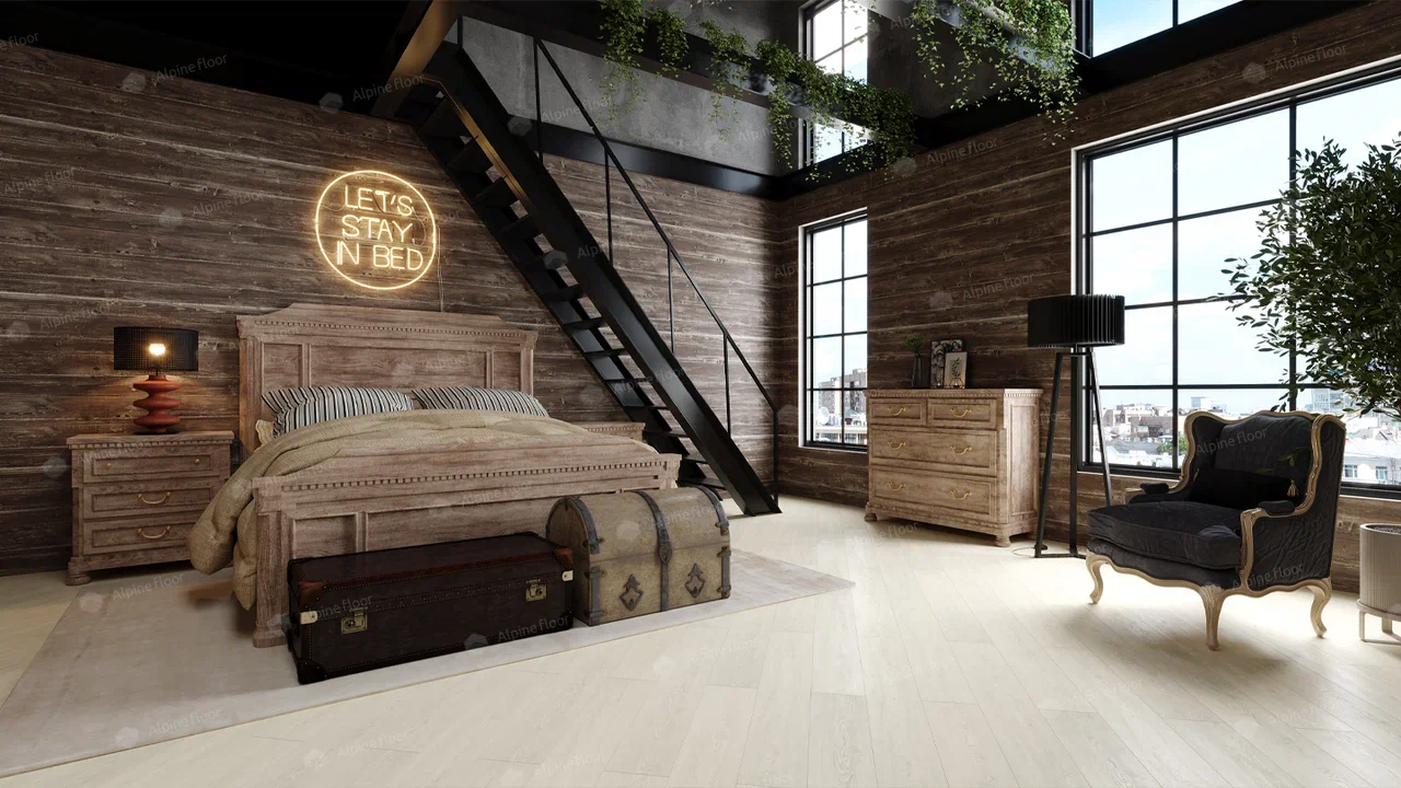 Кварцвиниловый SPC ламинат Alpine Floor Classic Дуб Арктик ECO 134-7 1220×183×4 фото в интерьере