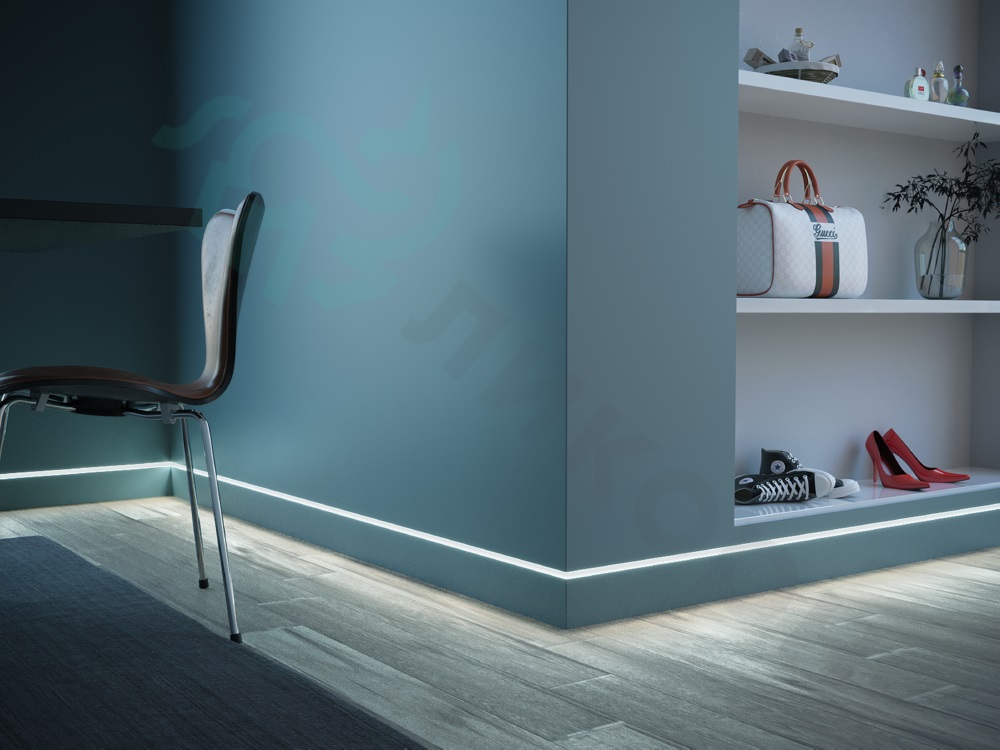 Плинтус алюминиевый скрытый Ликорн C-02.2.2 матовый с подсветкой 2050×105×13,3 фото в интерьере