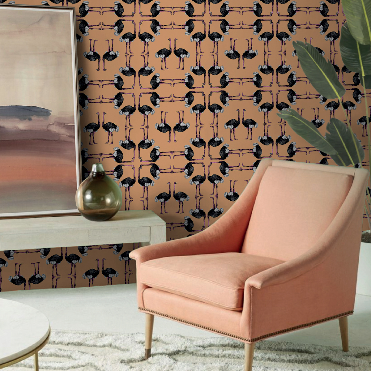 Обои Aura La Tapicera Avestruz Mandarina WP181051 10,05×0,53 фото в интерьере