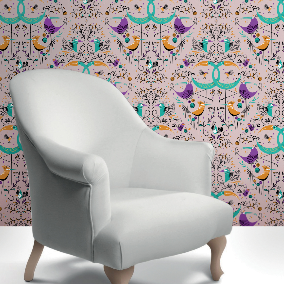 Обои Aura La Tapicera Groovy Birds Rose WP182082 10,05×0,53 фото в интерьере