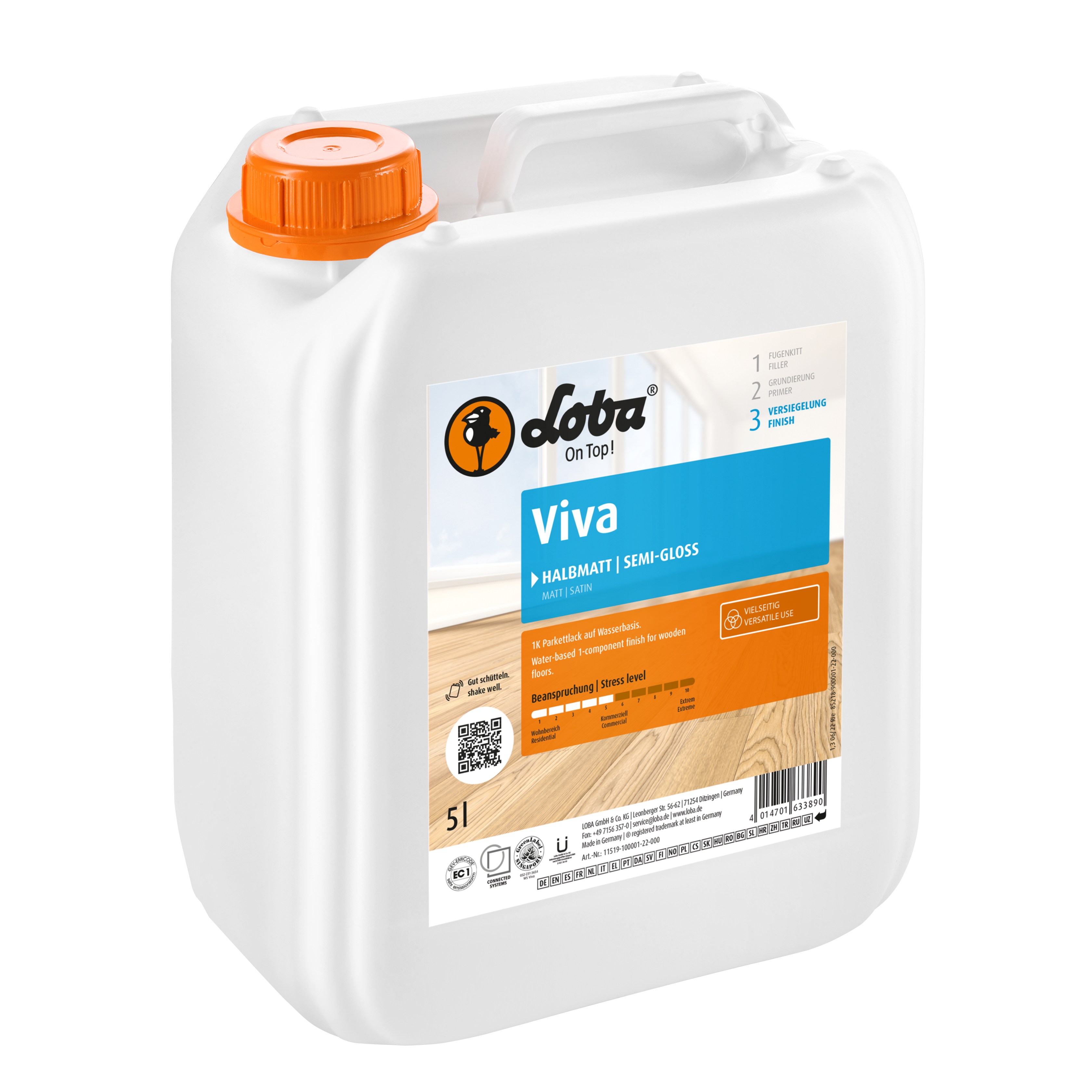 Лак для паркета Loba Viva на водной основе полуматовый 5 л